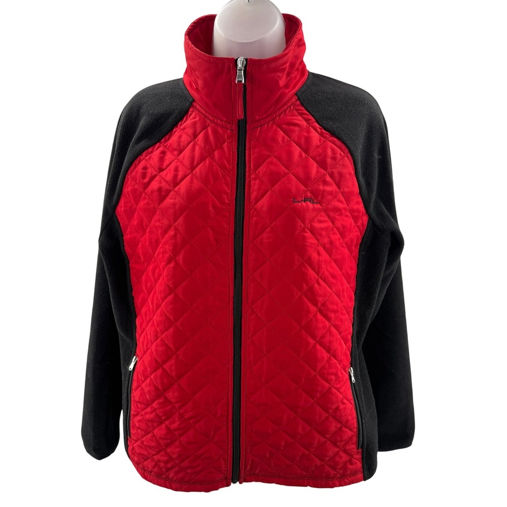 LRL Lauren Ralph Lauren Active Womens Quilted‎ Fleece Jacket Red Black XL